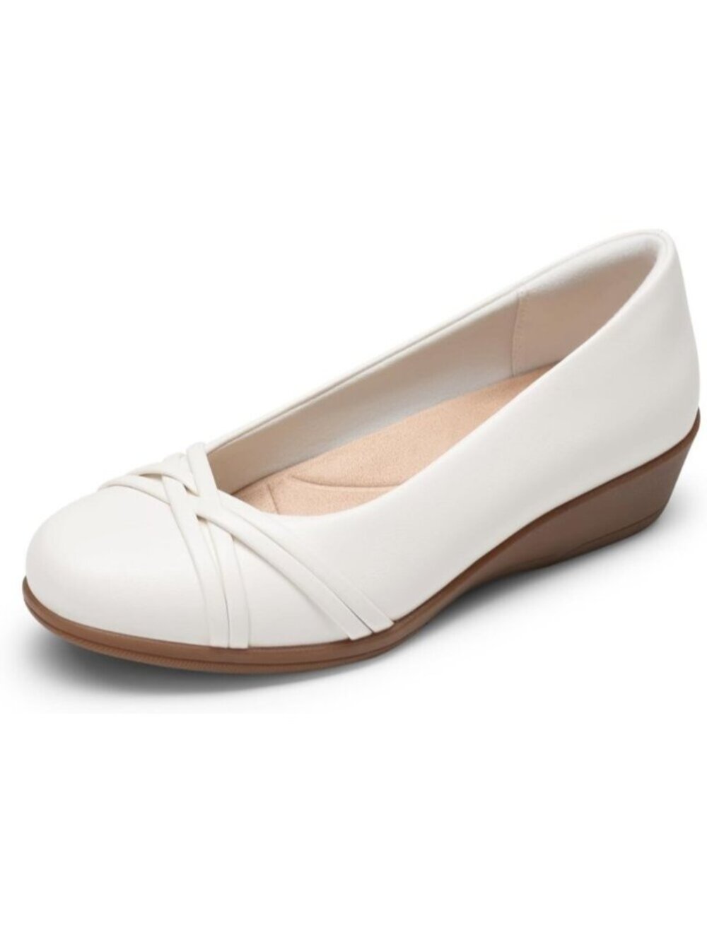 Women's White Faux Leather Low Wedge Closed Toe Flexible Grippy Dressy Flats